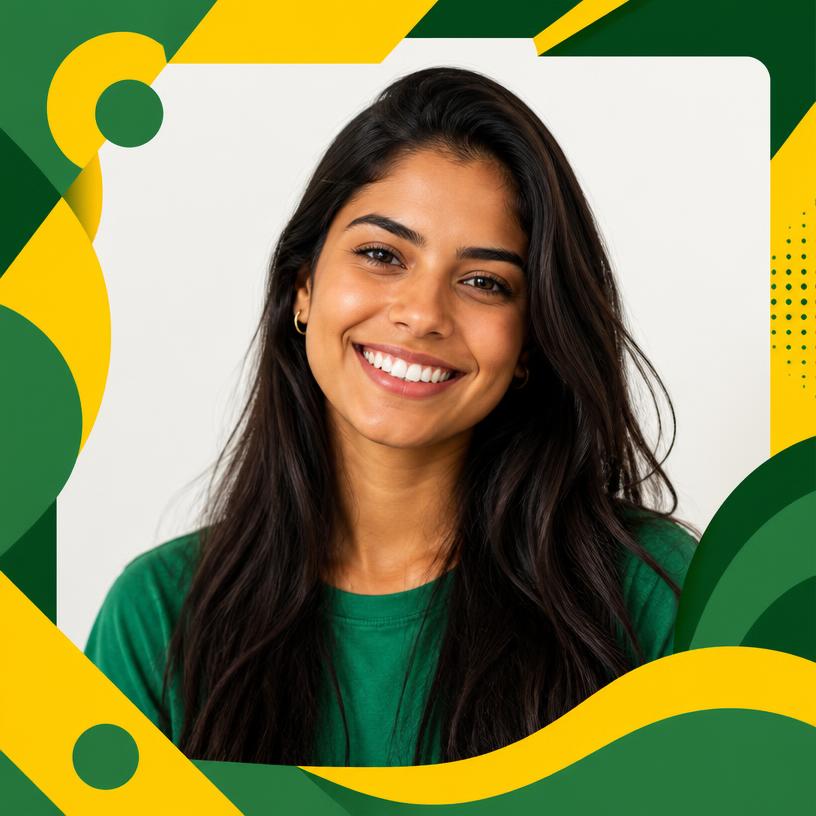 Simulação de foto de apoiadora com moldura verde e amarela